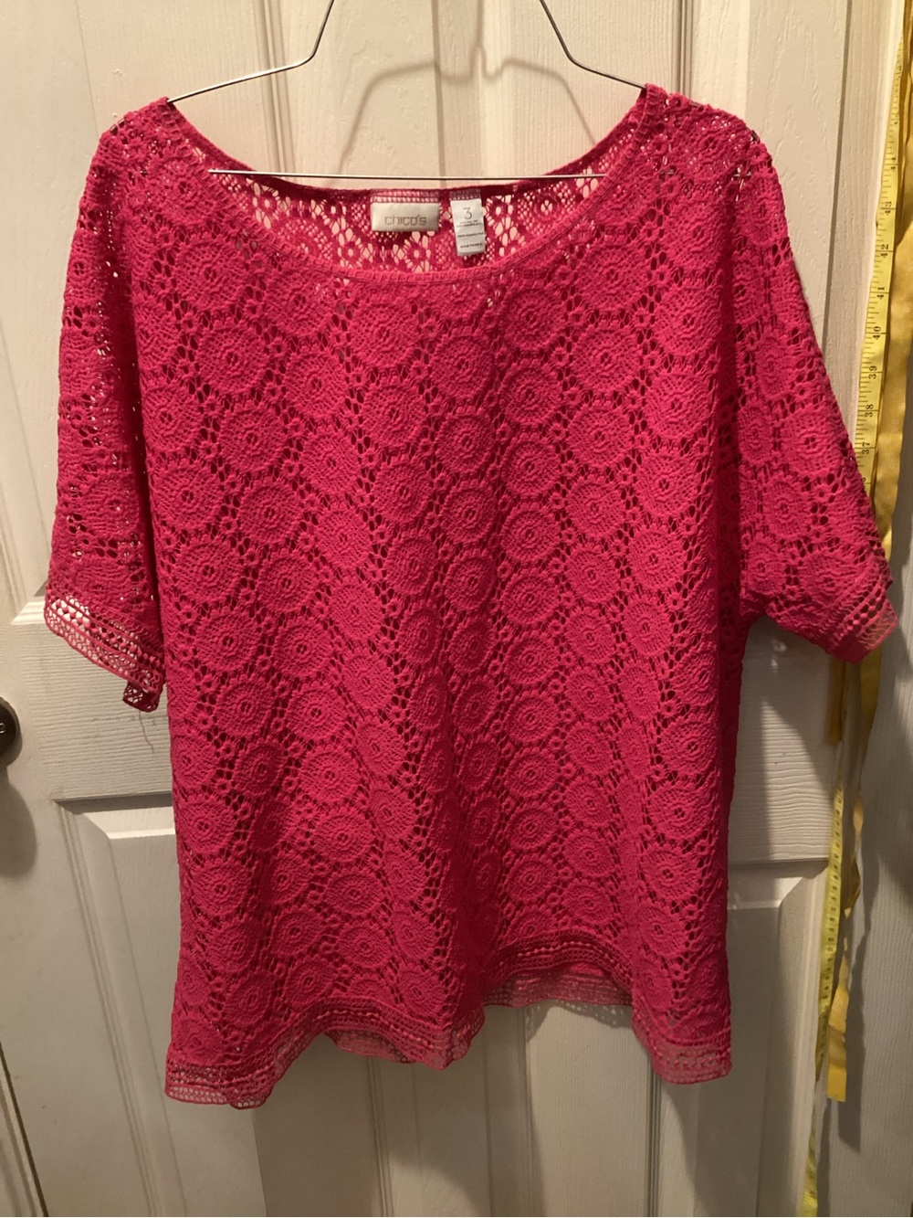 Chico's Hot Pink Crochet Lace Short Sleeve Tunic